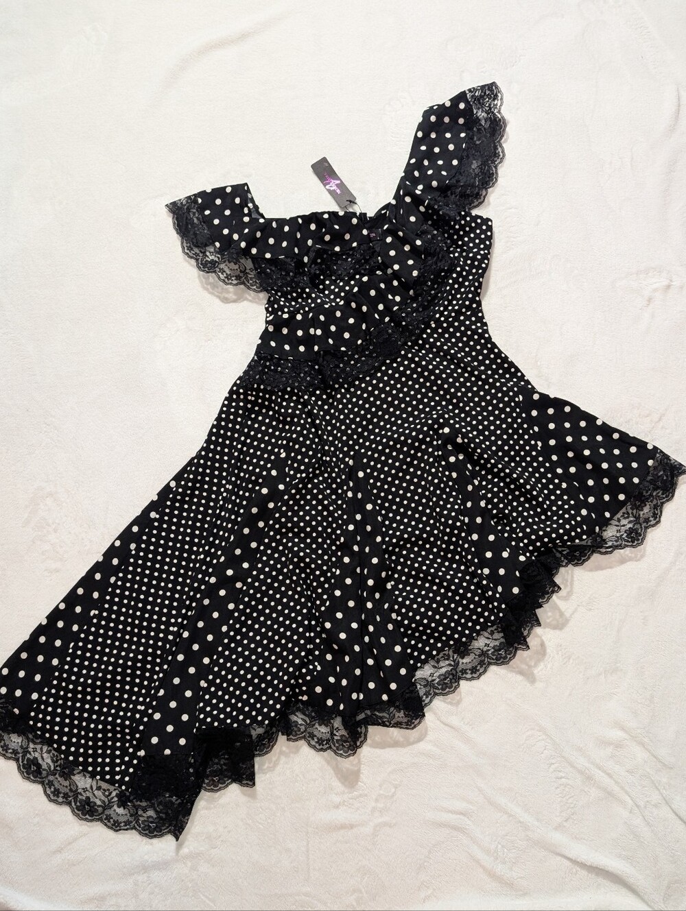 NWT Nichole Lynel Black Polka Dot Ruffled Lace Assymetrical Fit & Flare Dress